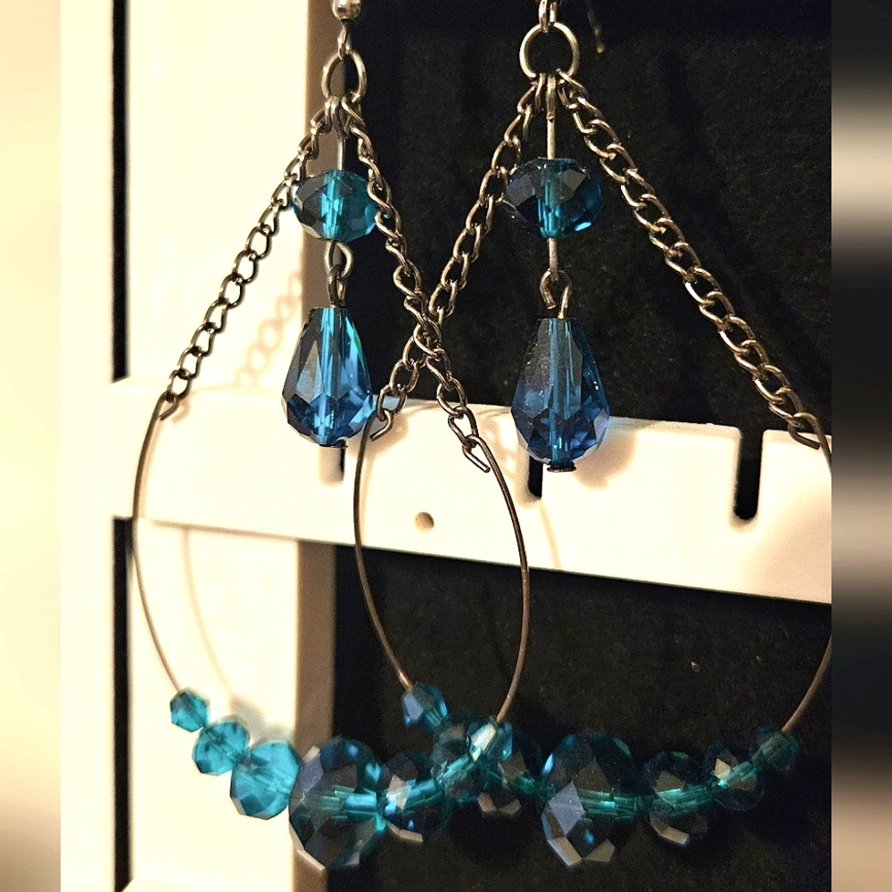 Dangle Earrings Blue Gem Drop Beads